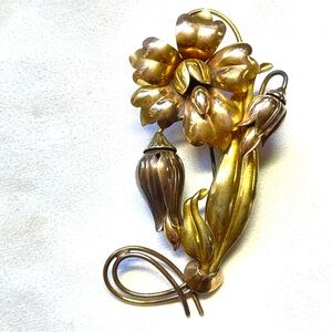 Vintage 1940’s Signed Carl Art Gold-Filled on Sterling Floral and Bud Brooch 3”